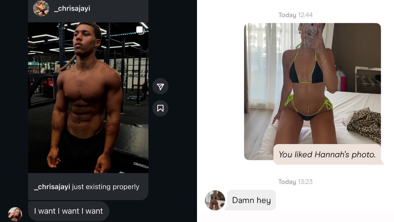 Screenshots of messages received after posting physique photos: 'I want I want I want' and 'Damn hey'