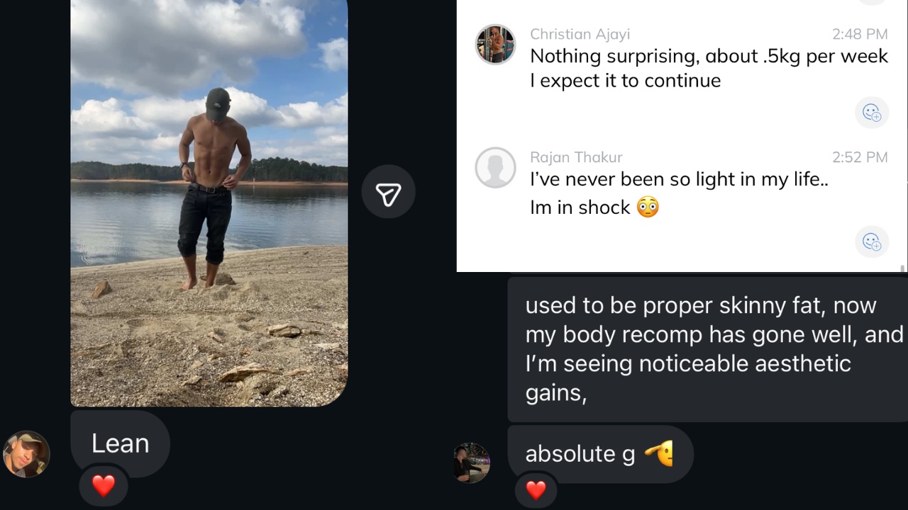 Client messages: 'I've never been so light in my life, I'm in shock' and 'used to be proper skinny fat, now my body recomp has gone well and I'm seeing noticeable aesthetic gains'