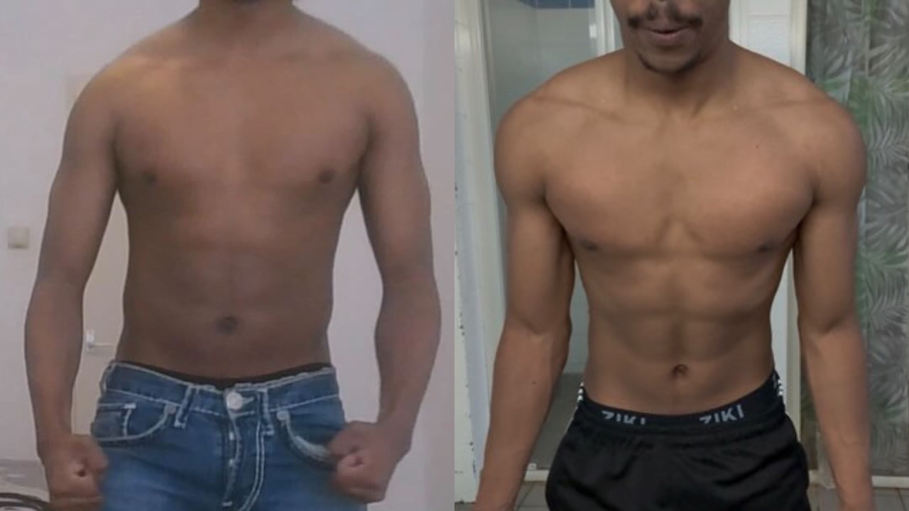 Elsharif before and after: from skinny to broader shoulders and defined abs